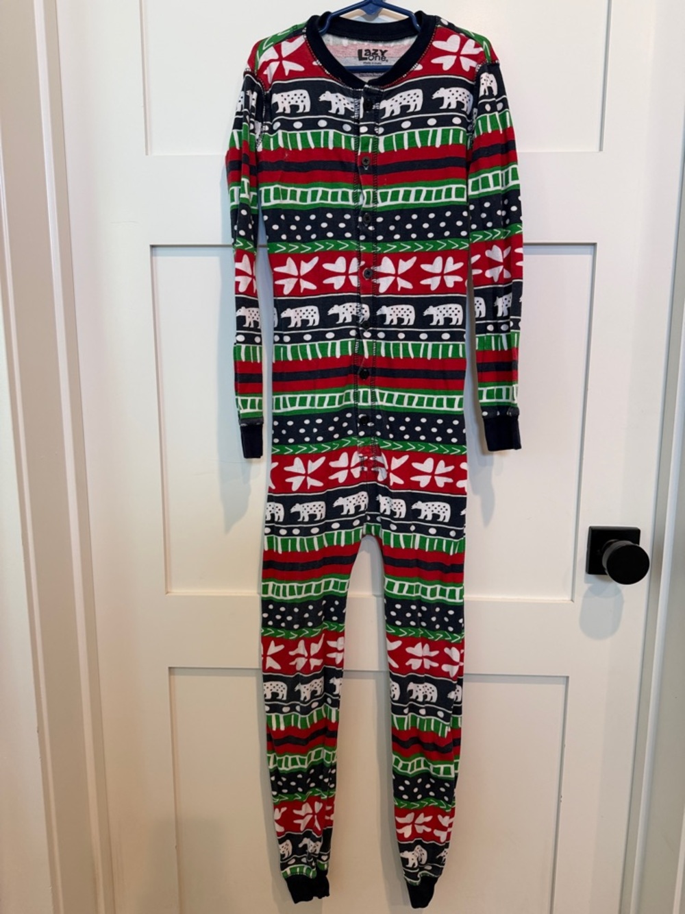 Lazy One Kids Holiday Polar Bear Print Red Green Navy One-Piece Pajamas